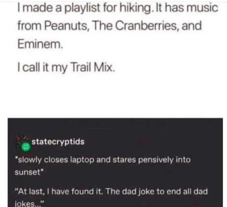 made a playlist for hiking It has music from Peanuts The Cranberries and Eminem call it my Trail Mix statecryptids closes laptop and stares pensively into I have found it The dad joke to end all dad