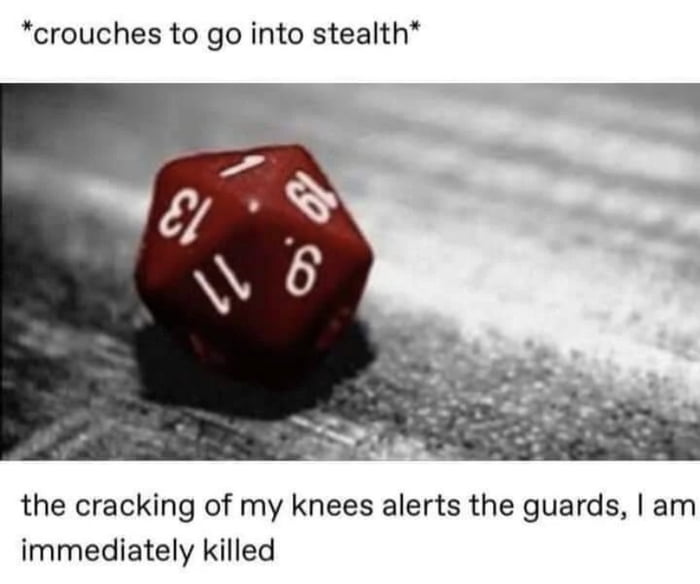 crouches to go into stealth the cracking of my knees alerts the guards am immediately killed