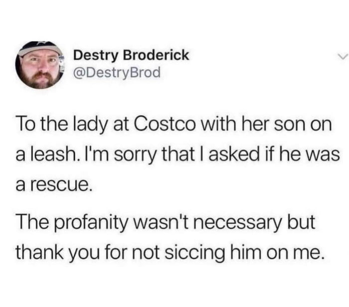 Destry Broderick DestryBrod To the lady at Costco with her son on aleash Im sorry that asked if he was arescue The profanity wasnt necessary but thank you for not siccing him on me