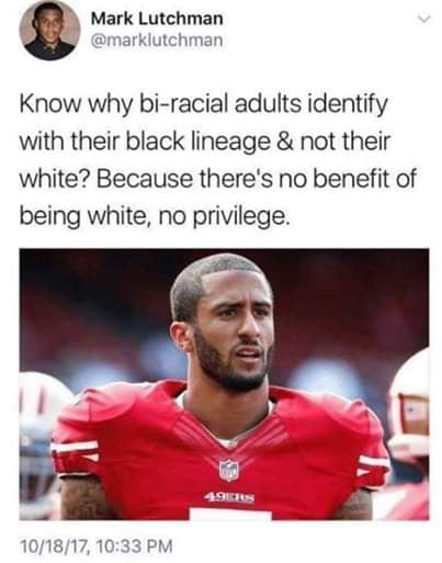 Mark Lutchman marklutchman Know why bi racial adults identify with their black lineage not their white Because theres no benefit of being white no privilege