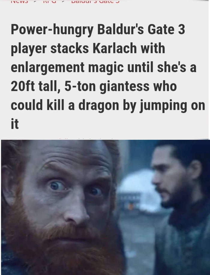 Power hungry Baldurs Gate 3 player stacks Karlach with enlargement magic until shes a 20ft tall 5 ton giantess who could kill a dragon by jumping on it