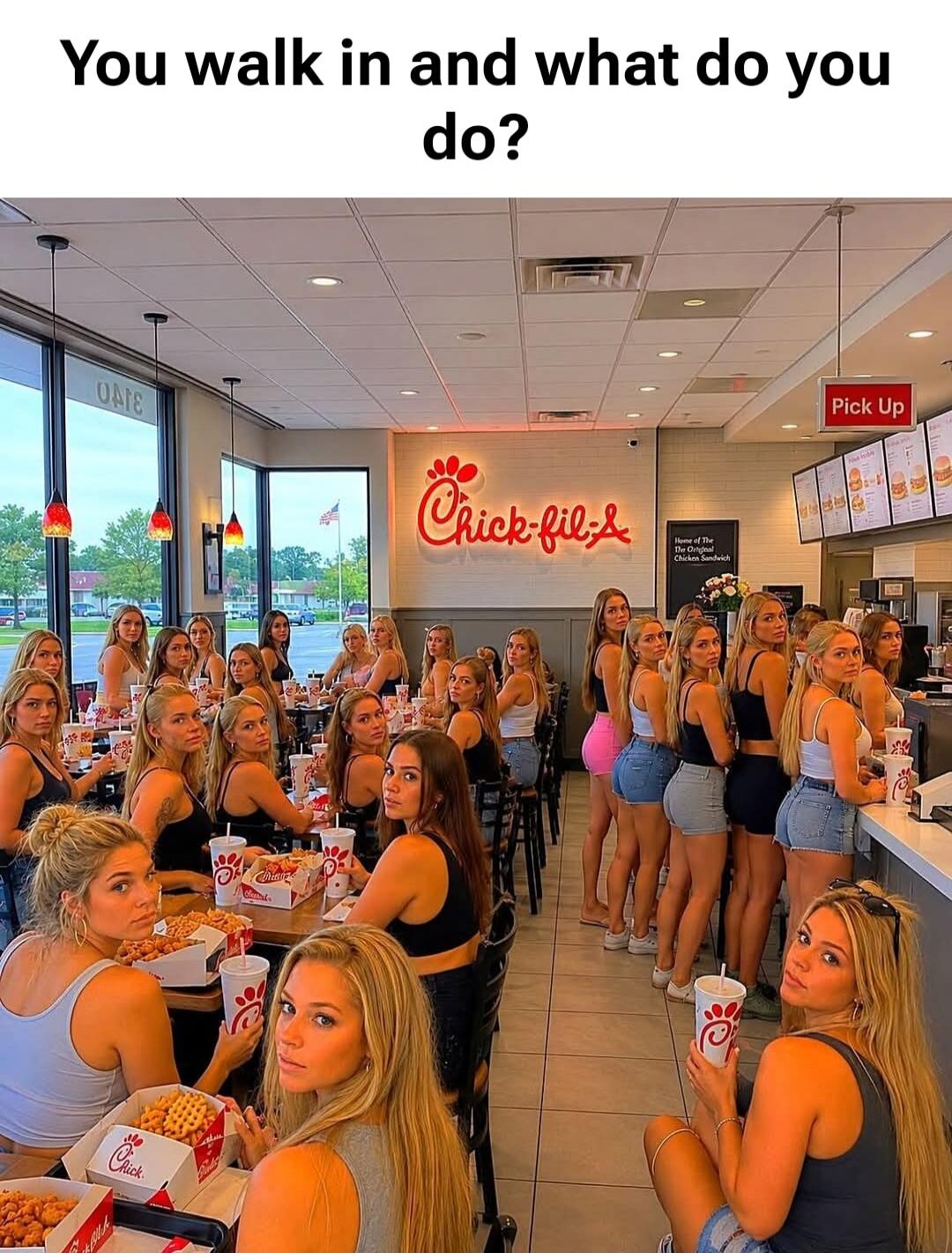 You walk in and what do you do? Chick-fil-A. Pick Up. Home of the Original Chicken Sandwich.