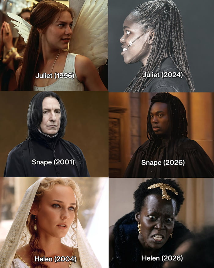 Juliet (1996) Juliet (2024) Snape (2001) Snape (2026) Helen (2004) Helen (2026)