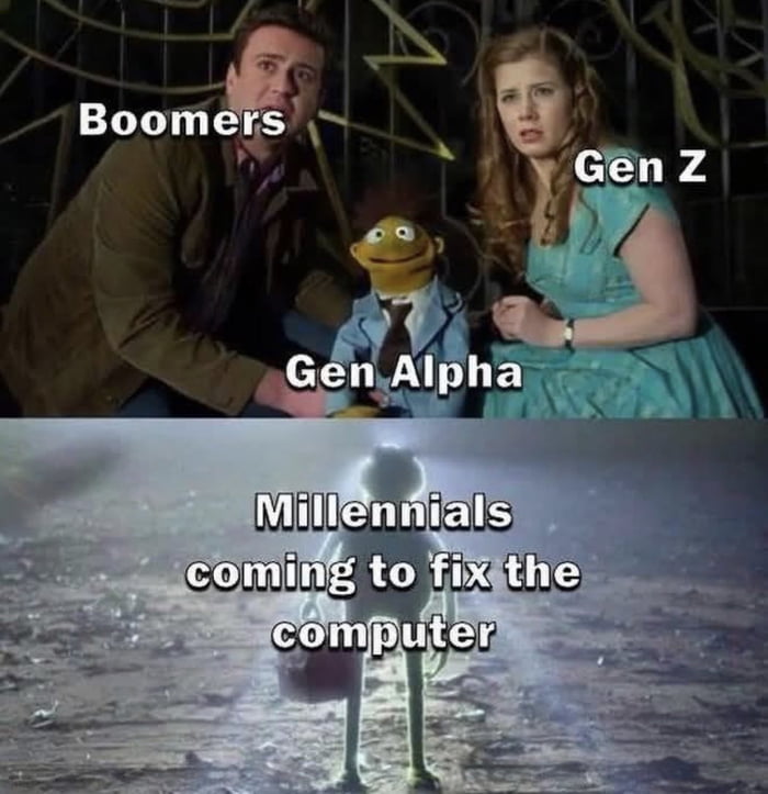 Boomers Gen Z Gen Alpha Millennials coming to fix the computer