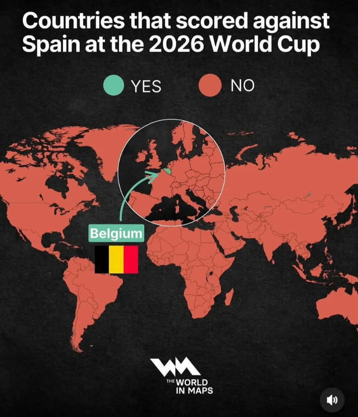 Countries that scored against Spain at the 2026 World Cup. YES. NO. Belgium. The World in Maps.