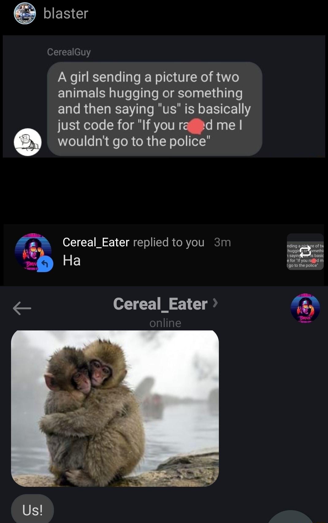 CerealGuy A girl sending a picture of two animals hugging or something and then saying us is basically just code for If you rafiied me wouldnt go to the police g Cereal_Eater replied to you 3m Y MR e 22 i Cereal_Eater 4 g Usl