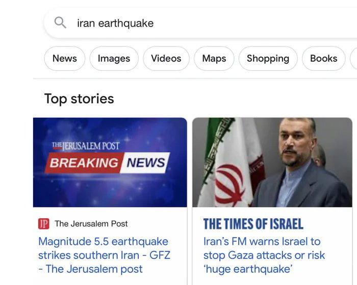 iran earthquake News Images Videos Maps Shopping Books Top stories B The derusalem Post THE TIMES OF ISRAEL Magritude 55 earthquake Irans FM warns Israel to strikes southern ran GFZ stop Gaza attacks or risk The Jerusalem post huge earthquake