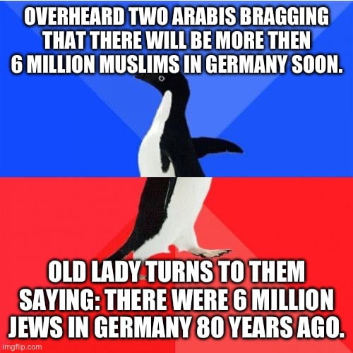 OVERHEARD TWO ARABIS BRAGGING THAT THERE WILL BE MORE THEN 6 MILLION MUSLIMS IN GERMANY SOON OLD LADYTURNS TO THEM SAYING THERE WERE 6 MILLION JEWS IN GERMANY 80 YEARSAGO