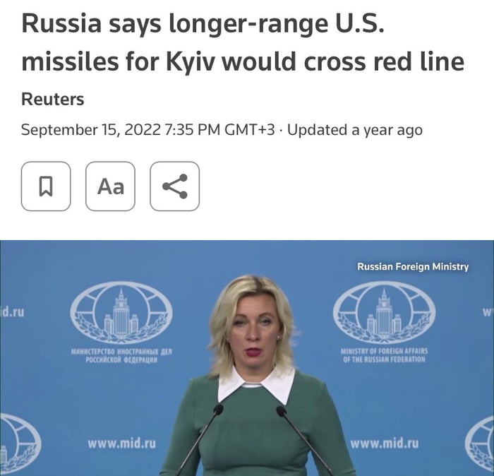 Russia says longer range US missiles for Kyiv would cross red line Reuters September 15 2022 735 PM GMT3 Updated a year ago wwwmidru wwwmidr