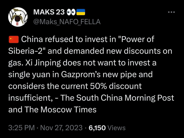 MAKS 23 00 Maks NAFO FELLA W China refused to invest in Power of Siberia 2 and demanded new discounts on gas Xi Jinping does not want to invest a single yuan in Gazproms new pipe and considers the current 50 discount insufficient The South China Morning Post ELT R VA ETy 325 PM Nov 27 2 23 6450 Views