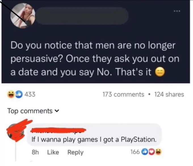 Do you notice that men are no longer P SESIEYAO LR GEVE GVl de EXEICENC AR PR G 04 Top comments v If wanna play games got a PlayStation Like Reply 0 L 14