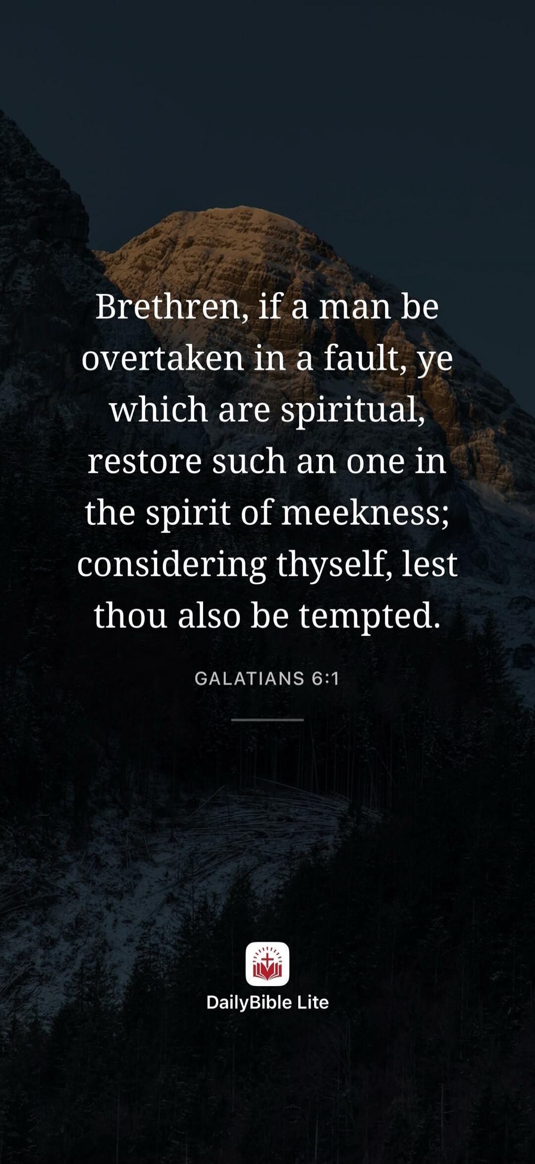 Brethren, if a man be overtaken in a fault, ye which are spiritual, restore such an one in the spirit of meekness; considering thyself, lest thou also be tempted. GALATIANS 6:1 DailyBible Lite