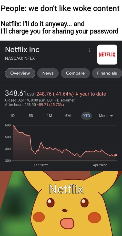People we dont like woke content Netflix Il do it anyway and Il charge you for sharing your password Netflix Inc NETFLIX NASDAQ NFLX TV NI o T ET LIS ar to date 10 5D 6M YTD More NS imgflipcom