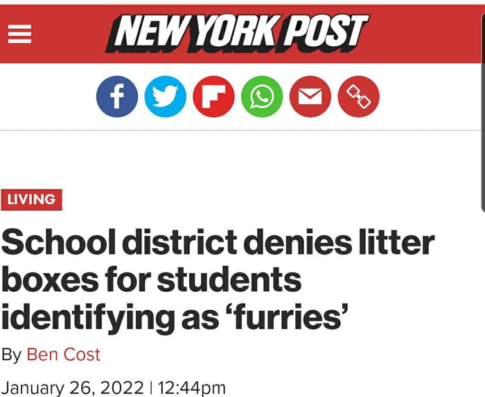 NEW YORK POST 000000 School district denies litter boxes for students identifying as furries By Ben Cost January 26 2022 1244pm