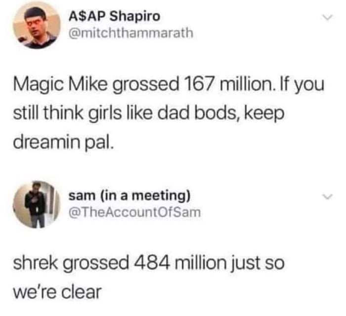 AAP Shapiro mitchthammarath Magic Mike grossed 167 million If you still think girls like dad bods keep dreamin pal sam in a meeting TheAccountOfSam shrek grossed 484 million just so were clear