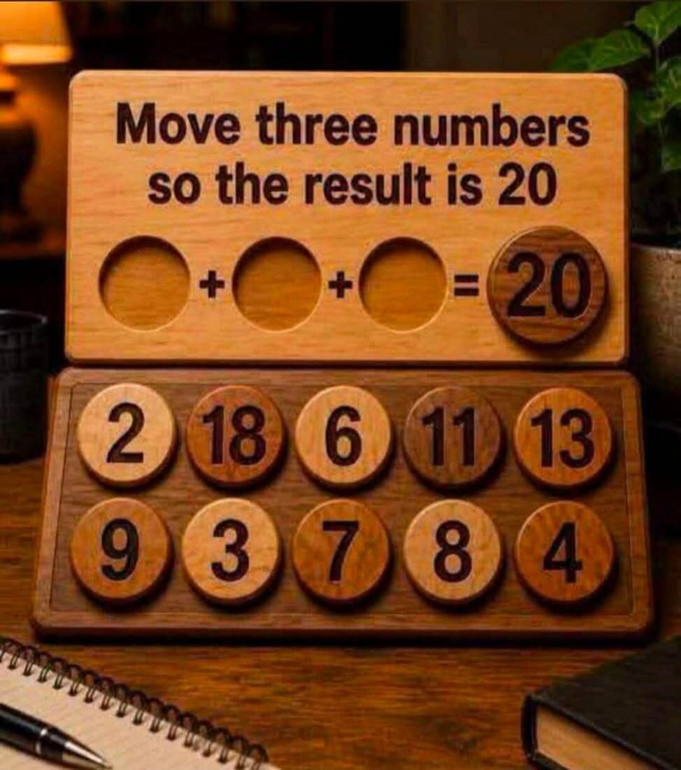 Move three numbers so the result is 20. The equation is _ + _ + _ = 20. Available numbers are 2, 18, 6, 11, 13, 9, 3, 7, 8, 4.