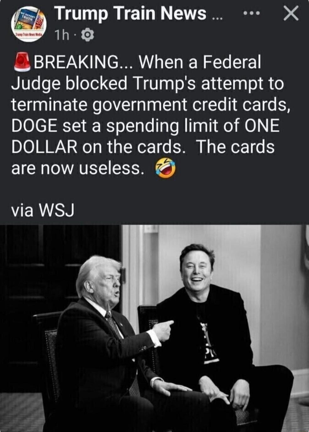 Trump Train News X 1h L BREAKING When a Federal Judge blocked Trumps attempt to terminate government credit cards DOGE set a spending limit of ONE DOLLAR on the cards The cards are now useless ERUEN