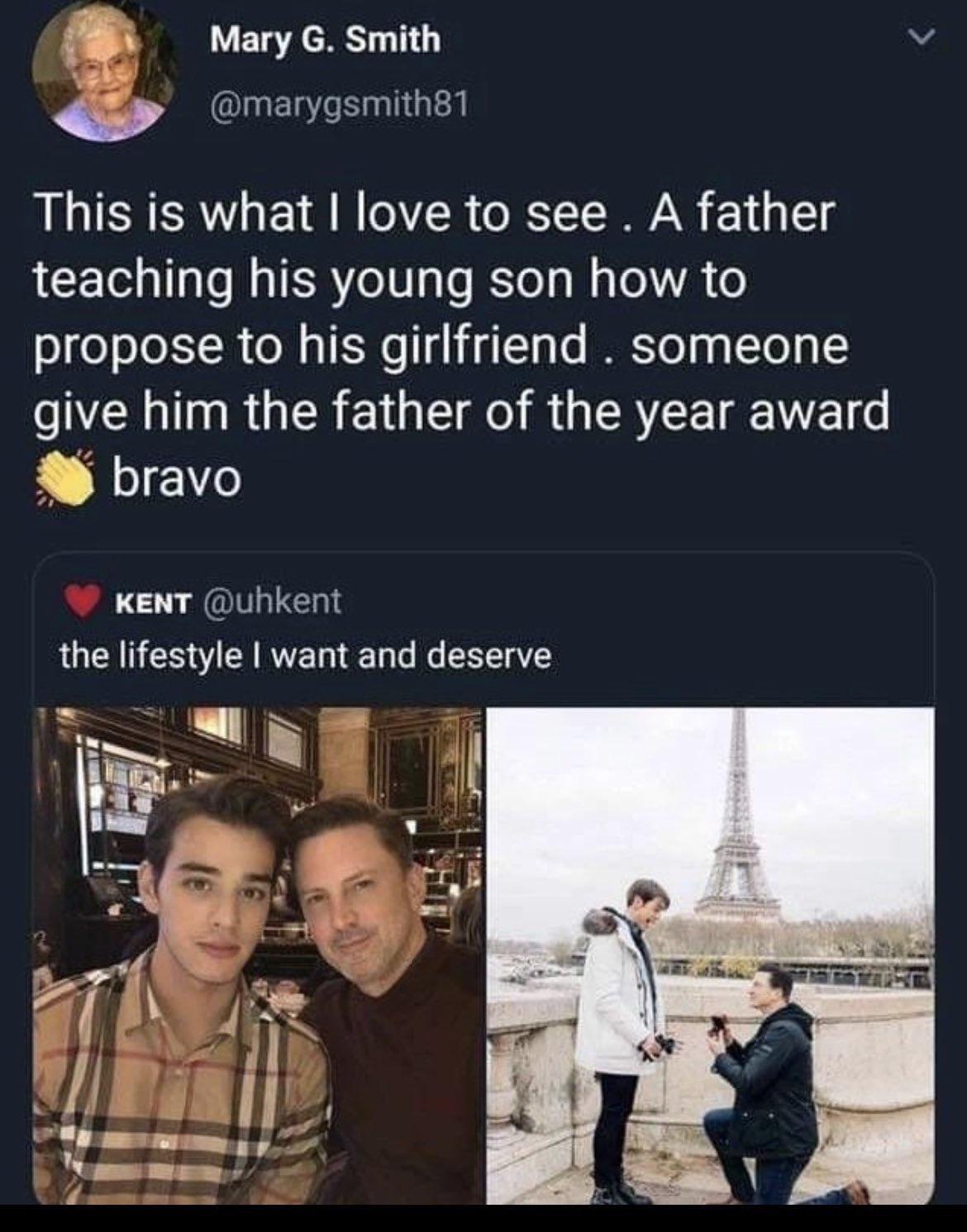 Mary G Smith Omaryosmithsl This is what love to see A father teaching his young son how to propose to his girlfriend someone N R GER ENGE RO R G EREE VLG 8 bravo KENT uhkent LUCIIESVIEIRE L CE T