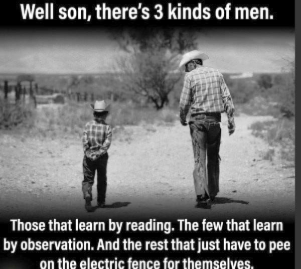 Well son, there's 3 kinds of men. Those that learn by reading. The few that learn by observation. And the rest that just have to pee on the electric fence for themselves.