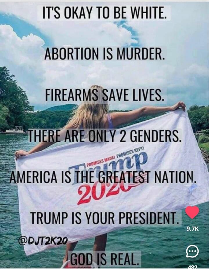 IT'S OKAY TO BE WHITE. ABORTION IS MURDER. FIREARMS SAVE LIVES. THERE ARE ONLY 2 GENDERS. AMERICA IS THE GREATEST NATION. TRUMP IS YOUR PRESIDENT. GOD IS REAL.