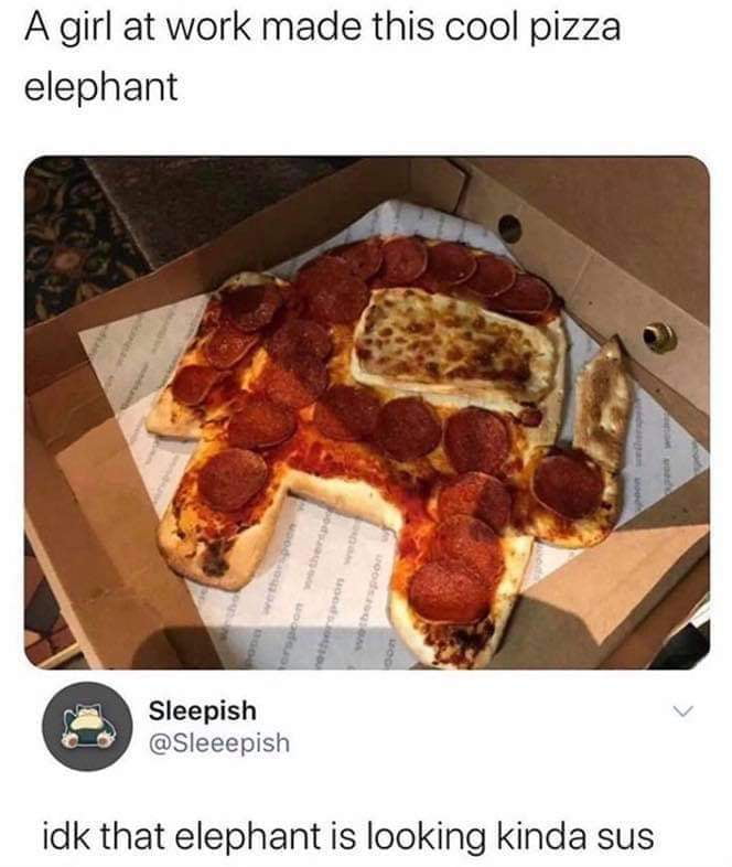 A girl at work made this cool pizza elephant Sleepish sleeepish idk that elephant is looking kinda sus