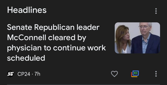 Headlines Senate Republican leader m McConnell cleared by physician to continue work M scheduled cpa4 Th o