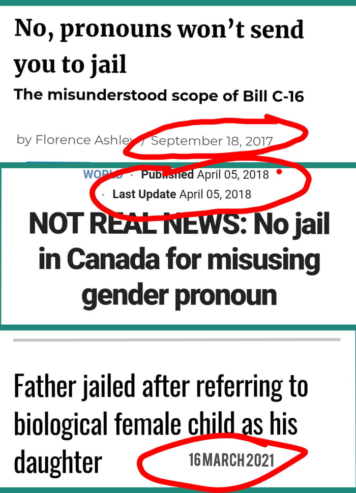 No pronouns wont send you to jail The misunderstood scope of Bill C 16 by Florence Ashlgj Pubefied April 05 2018 Last Update April 052018 in Canada for misusing gender pronoun Father jailed after referring to biological female child as his daughter