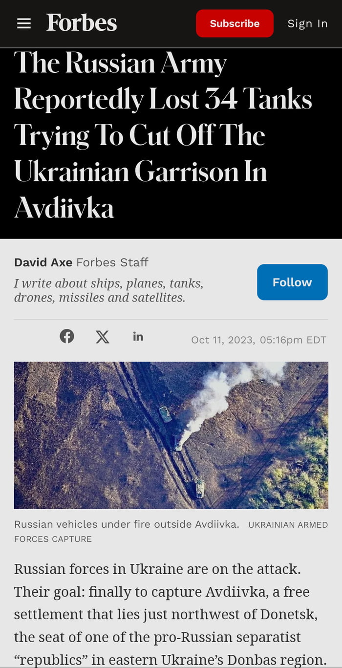 T The Russian Army Reportedly Lost 34 Tanks Trying To Cut Off The Ukrainian Garrison In Avdiivka David Axe F ally to capture Avdiivki settlement that lies just nortk t of Donetsk the seat of one of the pro Russian se