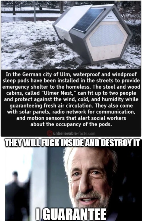 In the German city of Ulm waterproof and windproof sleep pods have been installed in the streets to provide emergency shelter to the homeless The steel and wood cabins called Ulmer Nest can fit up to two people ELC IO S ETET R G ERVT TS CREL LT T AT T Y guaranteeing fresh air circulation They also come L0 QI ETED T O ET T I S ST T TG T T and motion sensors that alert social workers about the occup