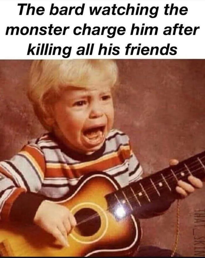 The bard watching the monster charge him after killing all his friends