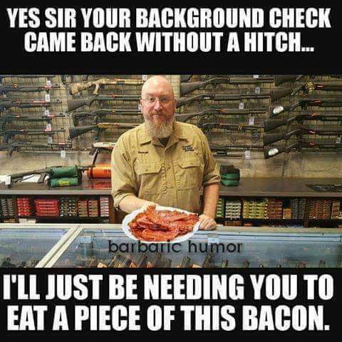 YES SIR YOUR BACKGROUND CHECK CAME BACK WITHOUT A HITCH I ll IIIST BE HEEIING Yllll Tll EAT A PIECE OF THIS BACON