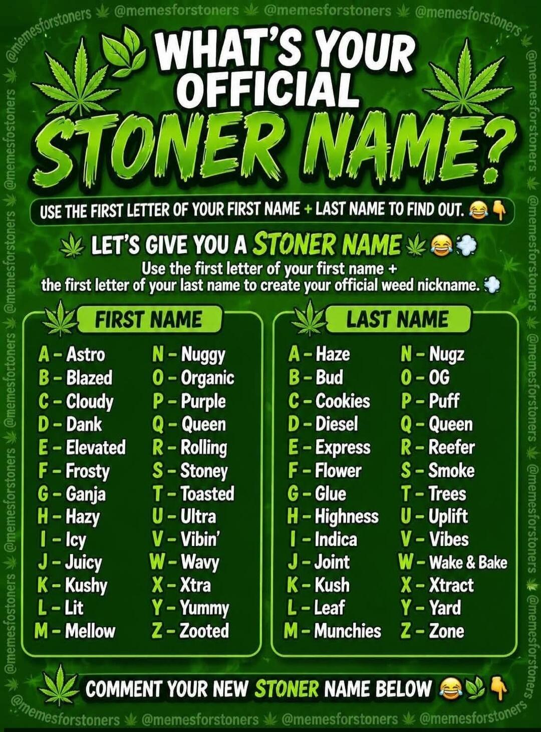 WHAT'S YOUR OFFICIAL STONER NAME?
USE THE FIRST LETTER OF YOUR FIRST NAME + LAST NAME TO FIND OUT.
LET'S GIVE YOU A STONER NAME
Use the first letter of your first name + the first letter of your last name to create your official weed nickname.
FIRST NAME
A - Astro
B - Blazed
C - Cloudy
D - Dank
E - Elevated
F - Frosty
G - Ganja
H - Hazy
I - Icy
J -