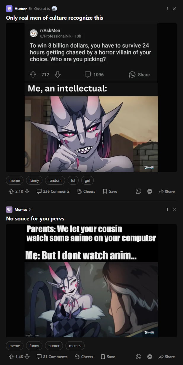 Only real men of culture recognize this FAskMen To win 3 billion dollars you have to survive 24 hours getting chased by a horror villain of your choice Who are you picking o m G 0 1096 sare meme trmy andom bt 028 CIo6commens B e swe 0 A L Lo x No souce for you pervs Parents We let your cousin Watch some anime on your computer 4 s R L1KD 61 Commens B Cheers Swve O Aswe