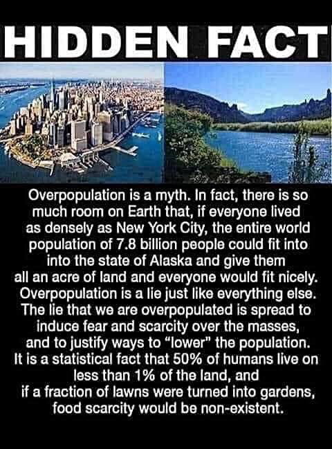 HIDDEN FACT 2 Overpopulation is a myth In fact there is so much room on Earth that if everyone lived as densely as New York City the entire world population of 78 billion people could fit into into the state of Alaska and give them all an acre of land and everyone would fit nicely Overpopulation is a lie just like everything else The lie that we are overpopulated is spread to induce fear and scarc