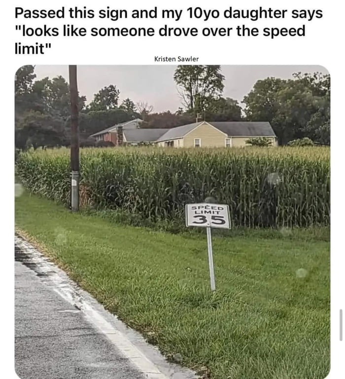 Passed this sign and my 10yo daughter says looks like someone drove over the speed limit