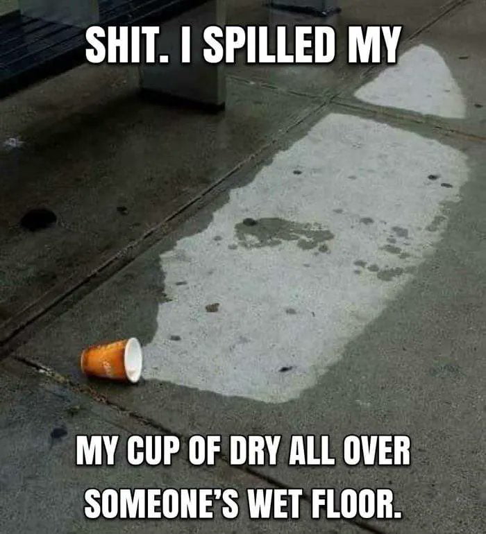 SHIT I SPILLED MY MY CUP OF DRY ALL OVER SOMEONES WET FLOOR