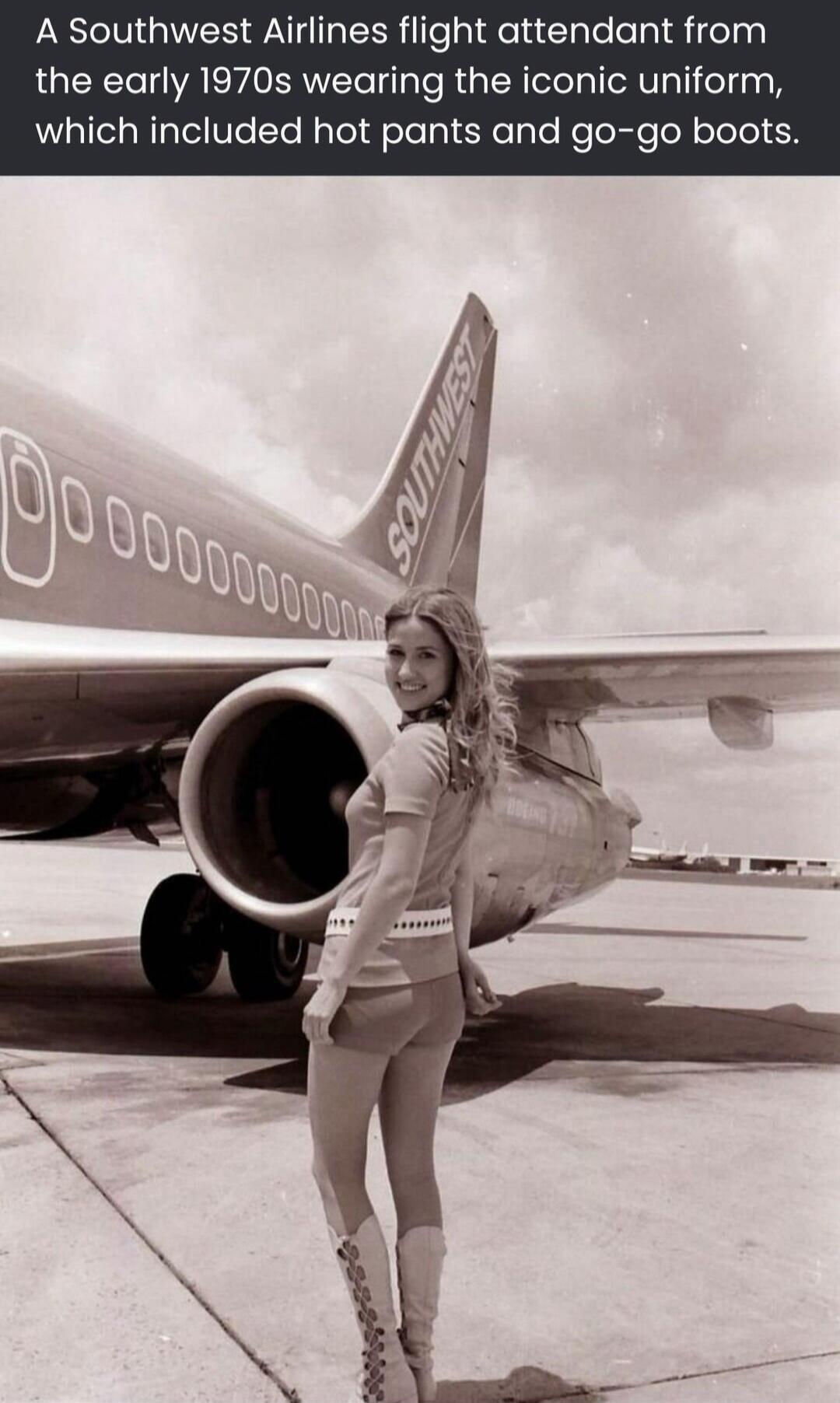 A Southwest Airlines flight attendant from the early 1970s wearing the iconic uniform, which included hot pants and go-go boots.