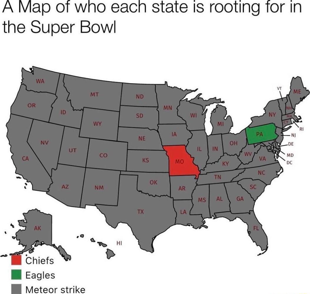 A Map of who each state Is rooting for In the Super Bow M Eagles B Meteor strike