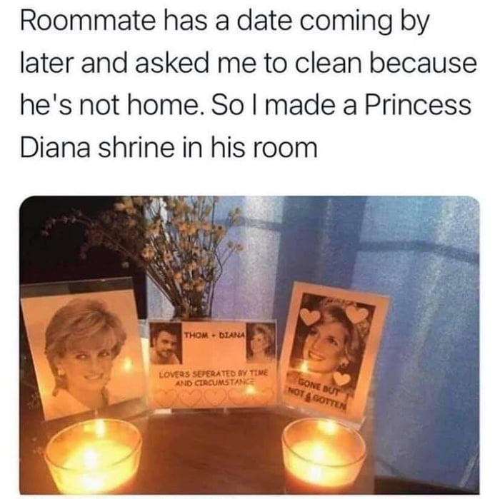 Roommate has a date coming by later and asked me to clean because hes not home So made a Princess Diana shrine in his room