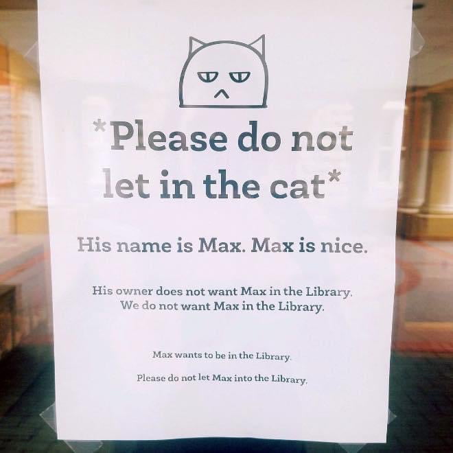 4 A Please do not ot in the cat His name is Max Max is nice His owner does not want Max in the Library We do not want Max in the Library Max wants to be in the Library Please do not let Max into the Library