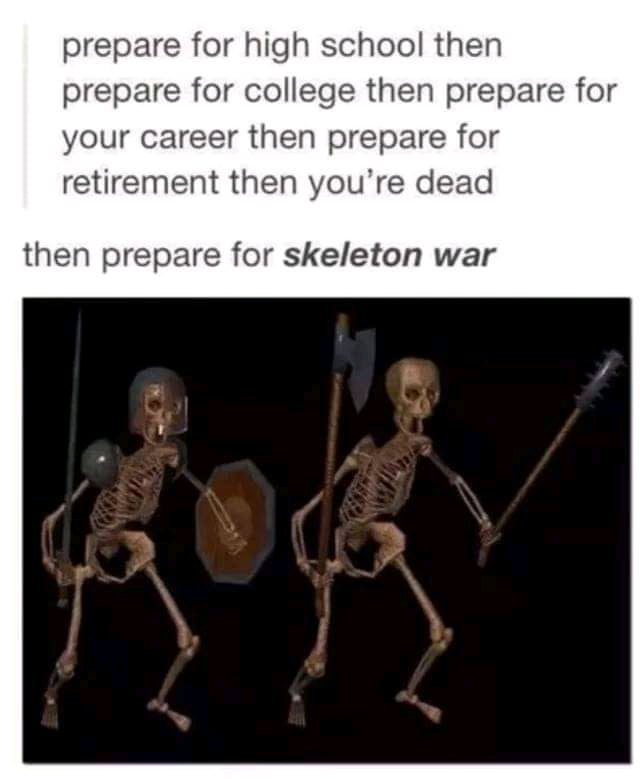 prepare for high school then prepare for college then prepare for your career then prepare for retirement then youre dead then prepare for skeleton war