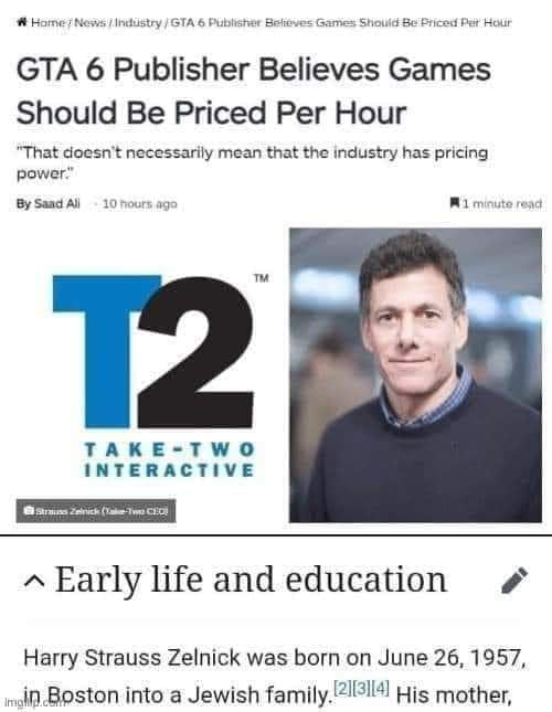GTA 6 Publisher Believes Games Should Be Priced Per Hour That doesnt necessarily mean that the industry has pricing power BySasdAl 10nous age R minute red Early life and education Harry Strauss Zelnick was born on June 26 1957 in Boston into a Jewish family 2214l His mother