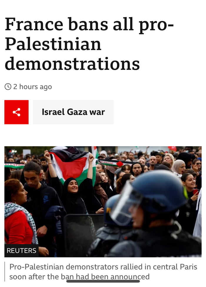 France bans all pro Palestinian demonstrations 2 hours ago Israel Gaza war REUTEPS Pro Palestinian demonstrators rallied in central Paris soon after the ban had been announced