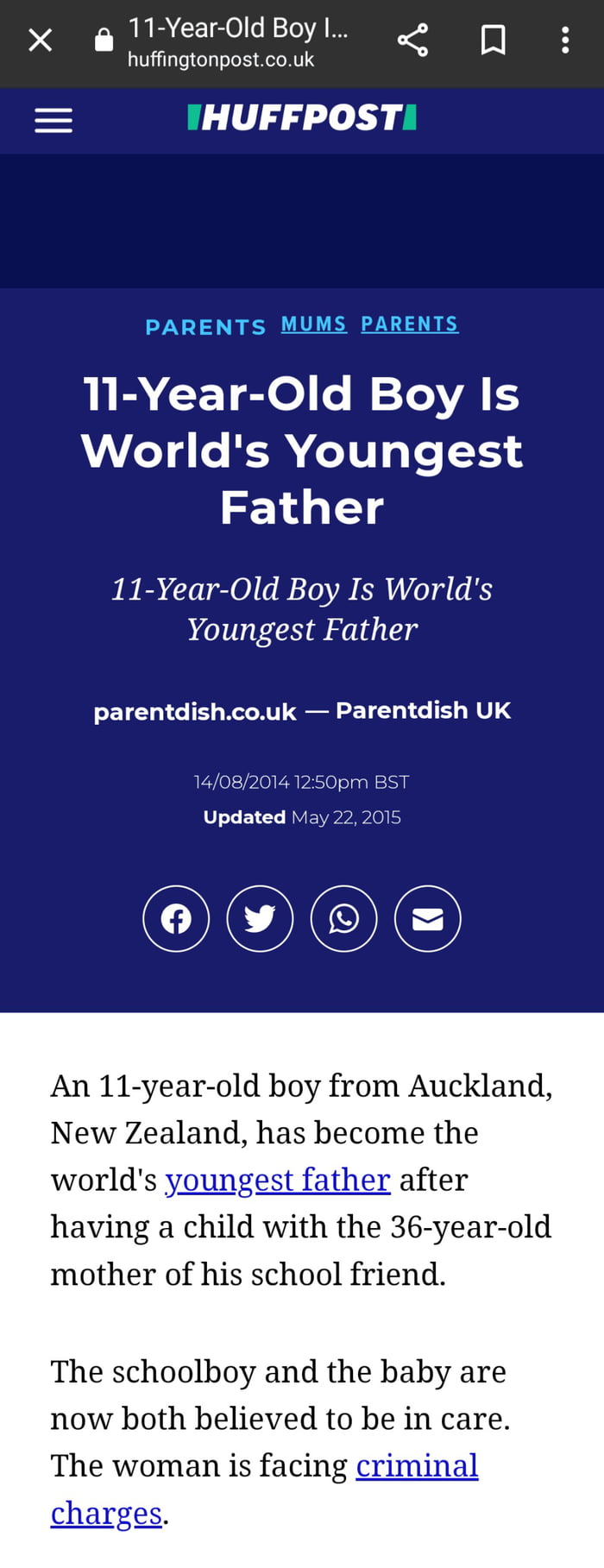 X 1YearfOIdBoyl N huffingtonpostcouk HUFFPOST B CETSol N TVA TS Worlds Youngest 14 11 11 Year 0ld Boy Is Worlds Youngest Father parentdishcouk Parentdish UK 140820141250pm BST Updated I OIOIOJO An 11 year old boy from Auckland New Zealand has become the worlds youngest father after having a child with the 36 year old mother of his school friend The schoolboy and the baby are now both believed to b