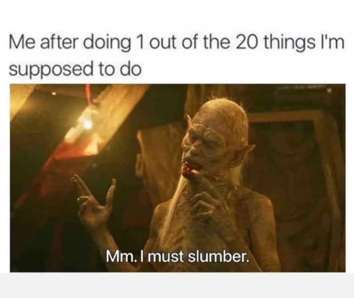 Me after doing 1 out of the 20 things Im supposed to do Mm must slumber