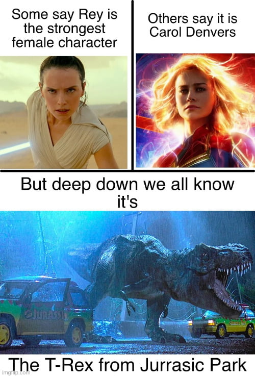 Some say Rey is Others say it is the strongest Carol Denvers female character The T Rex from Jurrasic Park