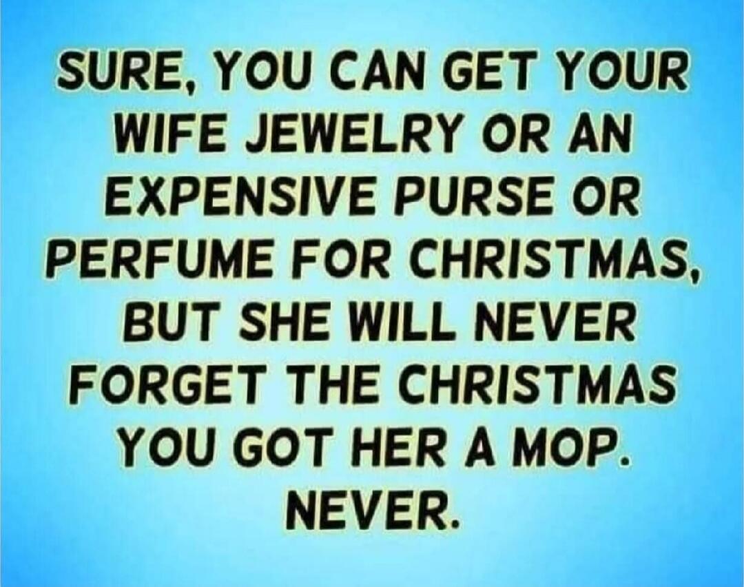 Sure, you can get your wife jewelry or an expensive purse or perfume for Christmas, but she will never forget the Christmas you got her a mop. Never.