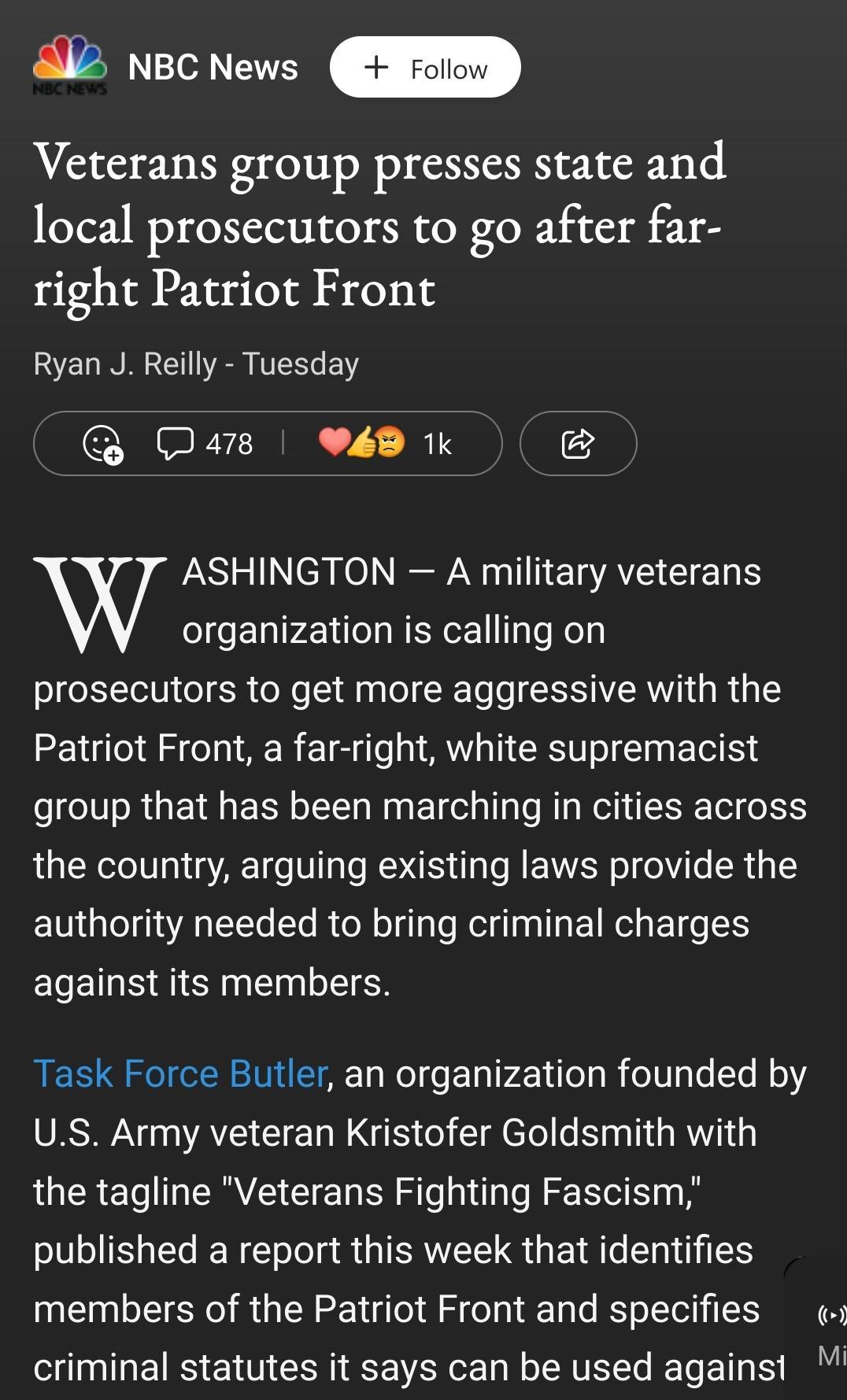 5 NBC News Veterans group presses state and local prosecutors to go after far right Patriot Front Ryan J Reilly Tuesday 478 4D 1k ASHINGTON A military veterans C c organization is calling on prosecutors to get more aggressive with the Patriot Front a far right white supremacist group that has been marching in cities across the country arguing existing laws provide the authority needed to bring cri