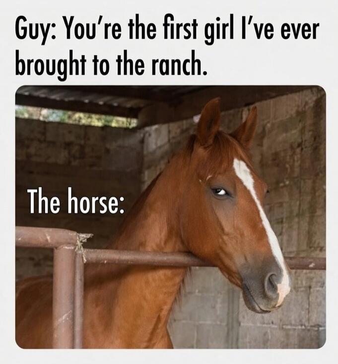 Guy: You're the first girl I've ever brought to the ranch. The horse: