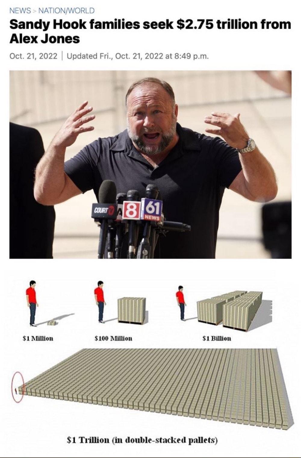 Sandy Hook families seek 275 trillion from Alex Jones 1 Trillion in double stacked pallets